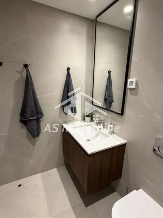 Modern bathroom with sink, mirror, and walk-in shower.