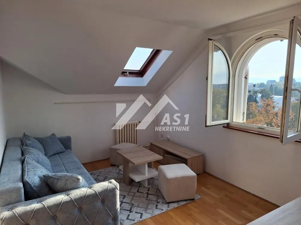 Attic living room with sofa, skylight and view through an arched window.