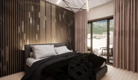 Modern bedroom with a double bed and decorative wooden wall panels. - image 18