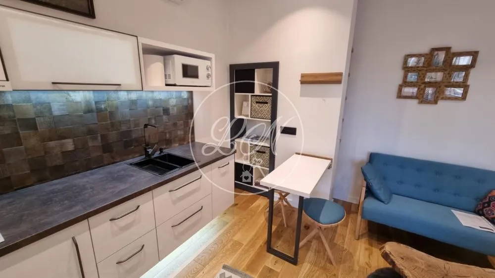Manja moderna kuhinja povezana sa dnevnim boravkom i trpezarijskim stolom.