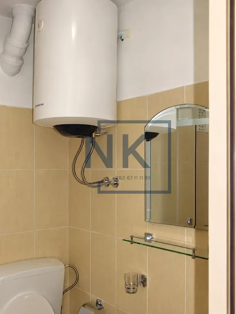 View of the bathroom with a water heater, toilet, and mirror.