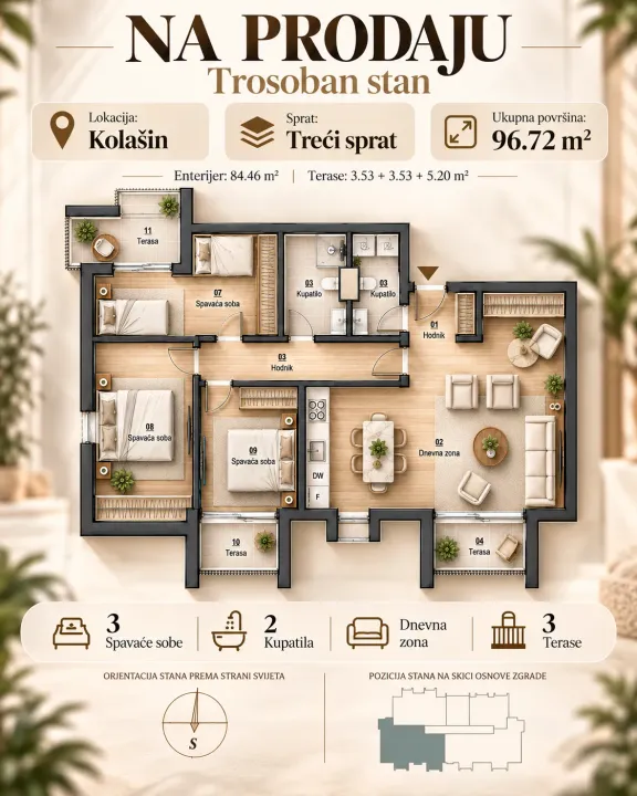 Prodaja, trosoban stan, 97m², Smailagića Polje, Kolašin