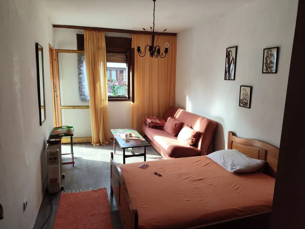 Manja soba sa krevetom, trosjedom, stočićem i izlazom na terasu.