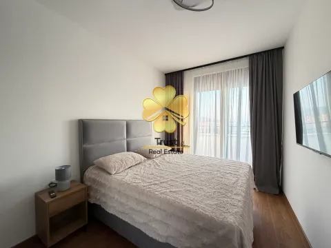 Moderna spavaća soba sa bračnim krevetom, noćnim stočićem i televizorom na zidu. - image 12