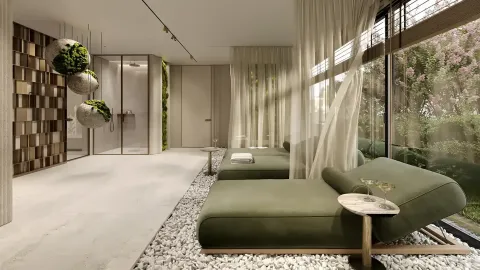 Moderne kupatilo sa ležaljkama i dekorativnim kamenjem na podu. - image 8