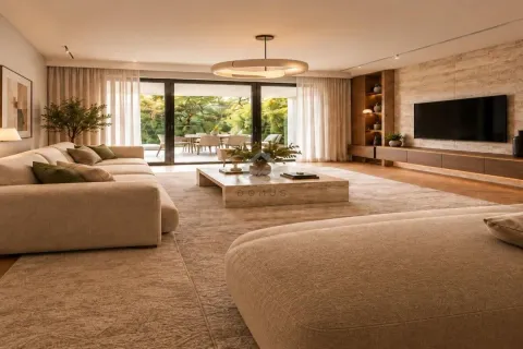 Spacious living room with a sofa set, TV, and large sliding doors with a view of greenery. - image 7