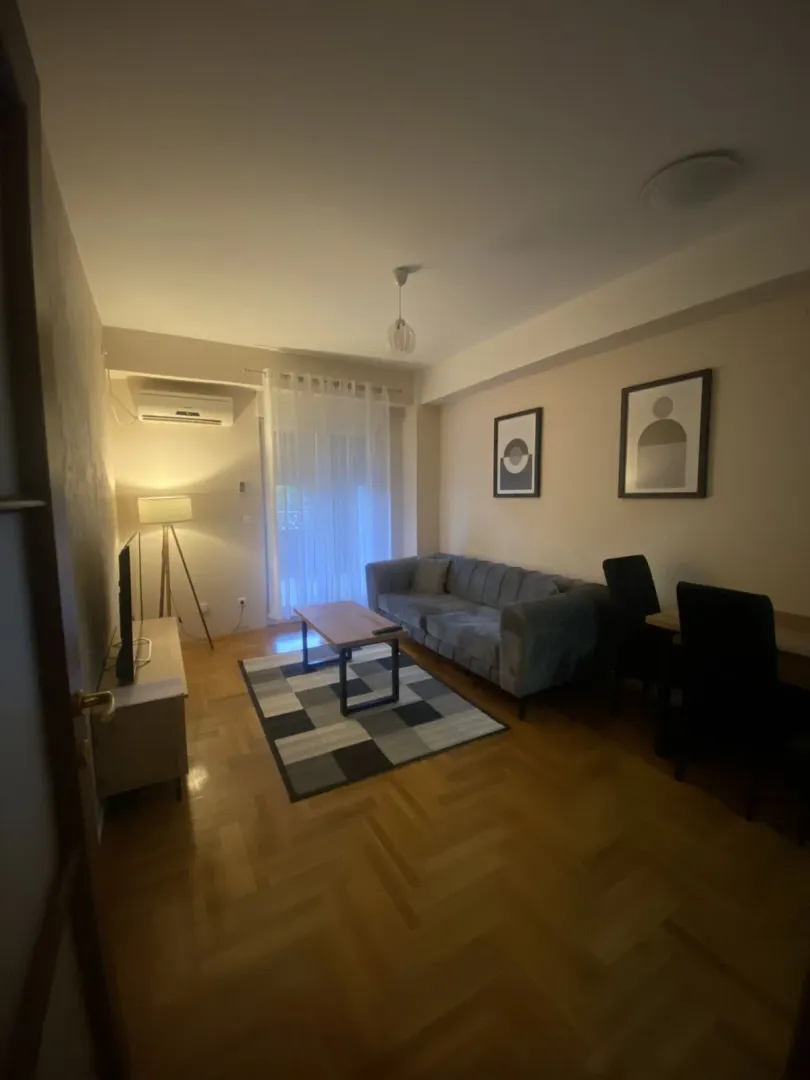 Living room featuring a grey sofa, wooden coffee table, and parquet flooring.