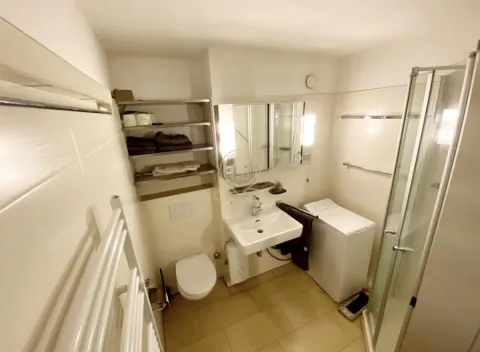 Kupatilo opremljeno umivaonikom, WC šoljom, tuš kabinom i veš mašinom. - image 10