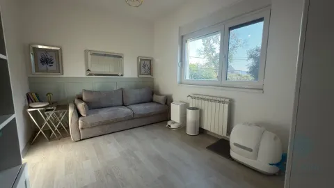 Dnevna soba sa sivom sofom, radijatorom i prozorom. - image 13
