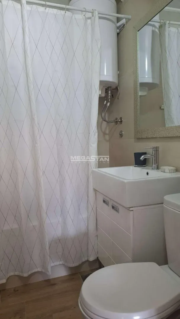 Smaller bathroom with a washbasin, toilet, shower and water heater.
