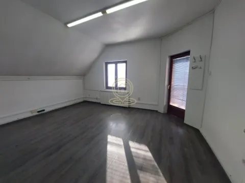 Empty attic room with dark laminate flooring, white walls, and a door leading to a terrace. - image 14