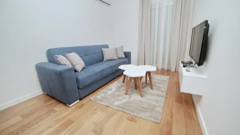 Bright living room with a sofa, coffee table, and TV. - image 5