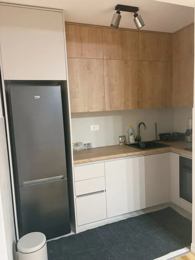 Smaller modern kitchen with built-in cabinetry and refrigerator.