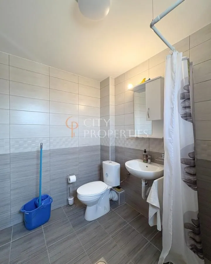 Bathroom equipped with sanitary ware and grey and white tiles.