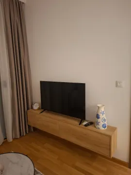 Living room with a TV on a console unit and decorative details. - image 2