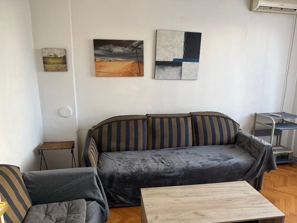 Living room with a sofa and a wooden coffee table.