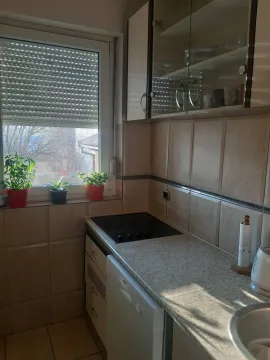 Manja kuhinja sa ugradnom pločom, sudoperom i visećim elementima pored prozora sa roletnama. - image 5