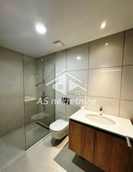Modernly equipped bathroom with a walk-in shower and vanity unit.