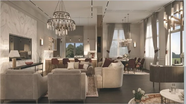 Svijetla dnevna soba otvorenog plana sa elegantnim namještajem i lusterima.