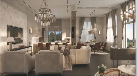 Svijetla dnevna soba otvorenog plana sa elegantnim namještajem i lusterima. - image 4