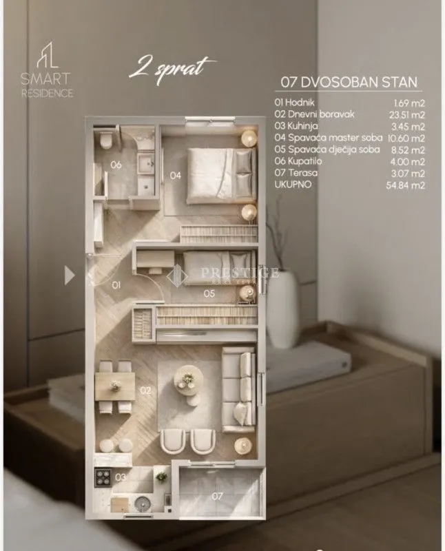Prodaja, dvosoban stan, 55m², Zabjelo, Podgorica
