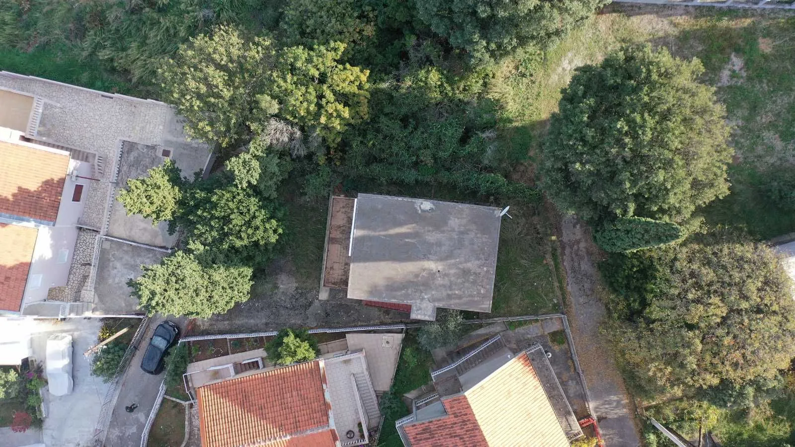 Pogled iz vazduha na kuću i okolno zelenilo.