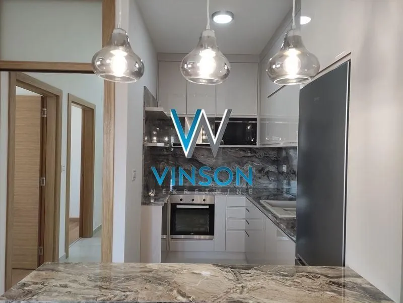 Modern kitchen with built-in appliances and lighting above the countertop.