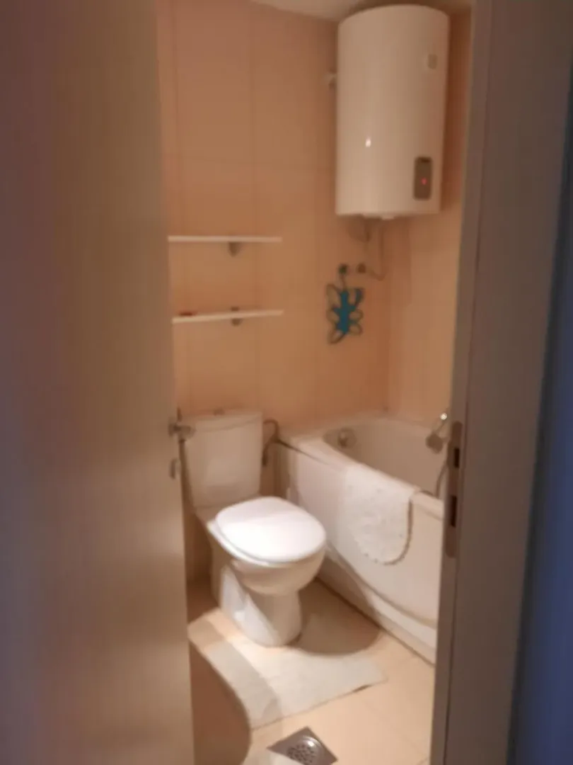 Small bathroom with a bathtub, toilet, and water heater.