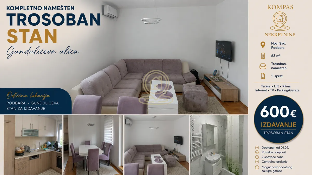 Rent, three bedroom apartment, 63m², Podbara, Novi Sad Sve Podlokacije