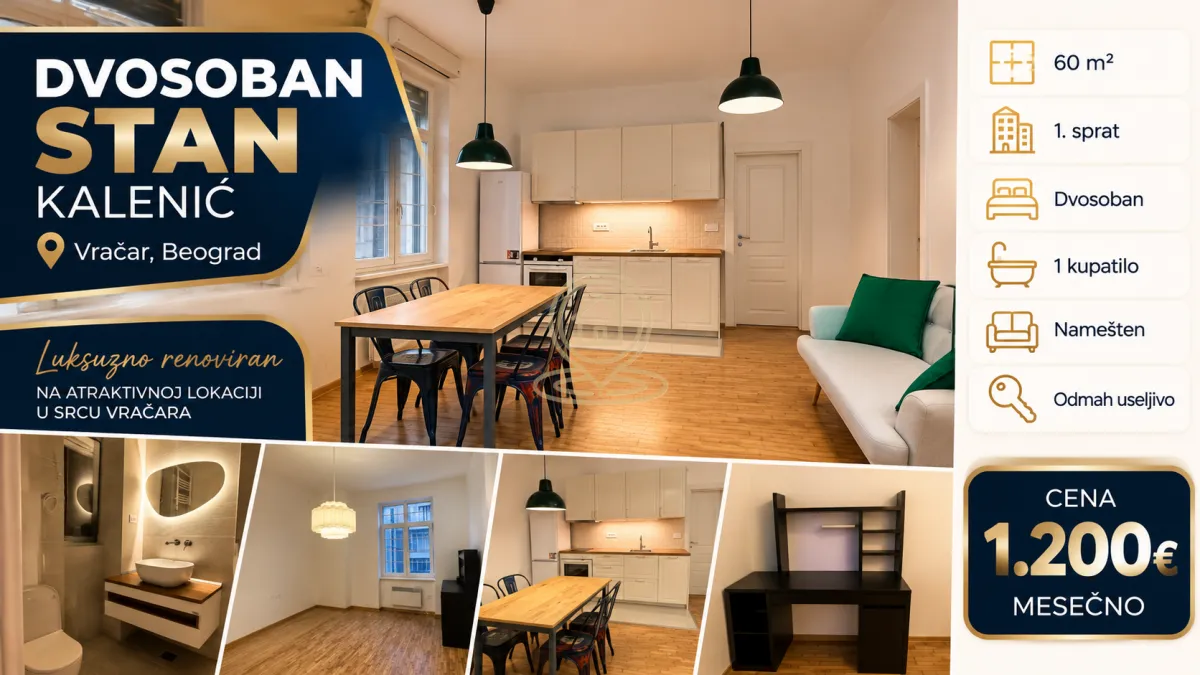 Rent, two bedroom apartment, 60m², Kalenić Pijaca, Vračar Sve Podlokacije