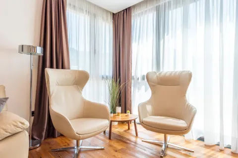 Bright seating area with two modern armchairs by the window. - image 12