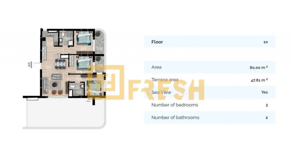 Sale, three bedroom apartment, 80m², Bečići, Budva