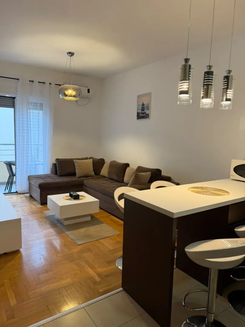 Living room with sofa and dining bar counter.