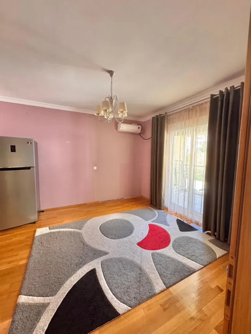 Dnevna soba sa roze zidovima, parketom, velikim tepihom i izlazom na terasu.