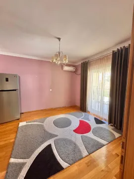 Dnevna soba sa roze zidovima, parketom, velikim tepihom i izlazom na terasu. - image 9