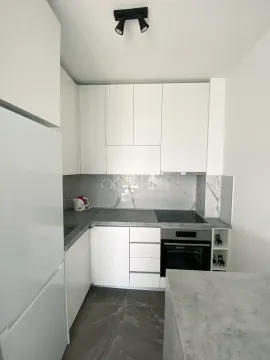 Modern white kitchen with gray countertop and built-in appliances. - image 5