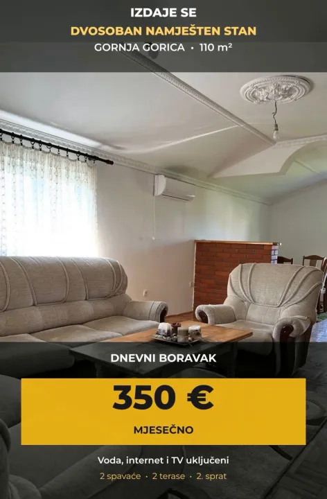 Izdavanje, dvosoban stan, 110m², Gornja Gorica, Podgorica