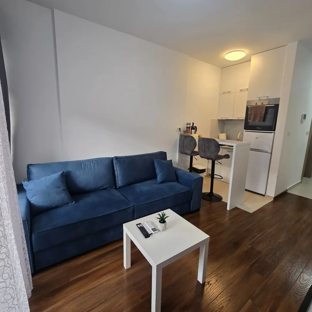 Living room with a blue sofa and a small kitchen in the corner.