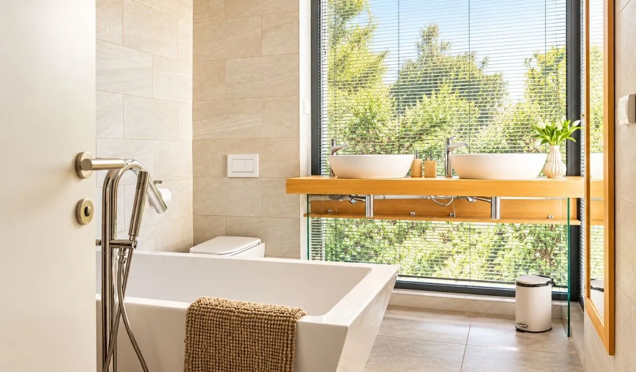 Modern bathroom with a bathtub, double sink and a large window overlooking greenery.