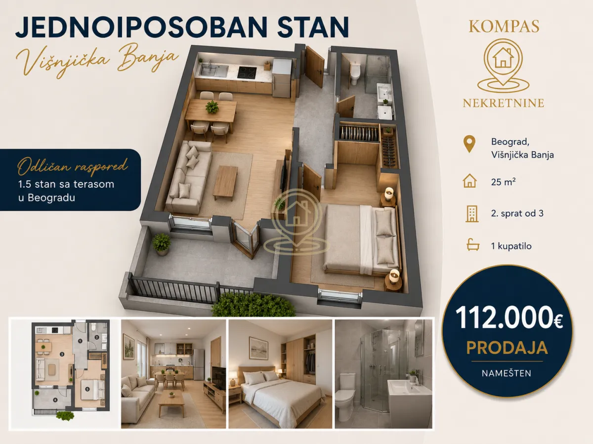 Sale, one bedroom apartment, 25m², Višnjička Banja, Palilula Sve Podlokacije