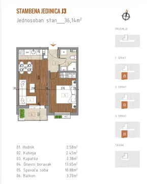 Arhitektonski plan jednosobnog stana sa rasporedom prostorija i kvadraturom. - image 7