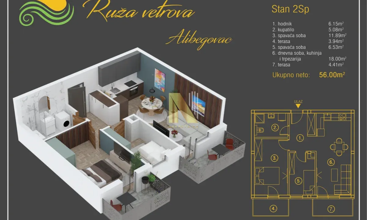 Prodaja, dvosoban stan, 56m², Alibegovac, Petrovaradin