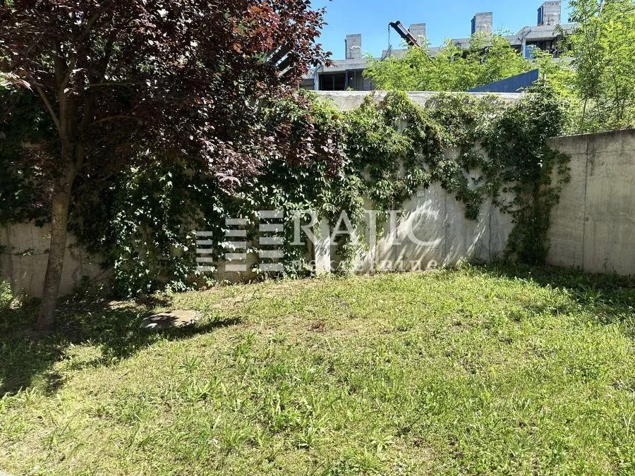 Grassy yard with greenery and a wall in the background.