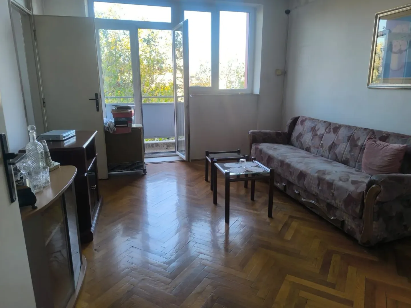 Dnevna soba sa garniturom, drvenim parketom i izlazom na terasu.