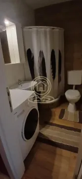Bathroom equipped with a shower cabin, washbasin, toilet, and washing machine. - image 10