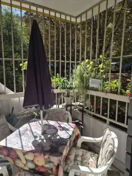 Natkrivena terasa opremljena baštenskim stolom, stolicama, suncobranom i zelenilom. - image 16