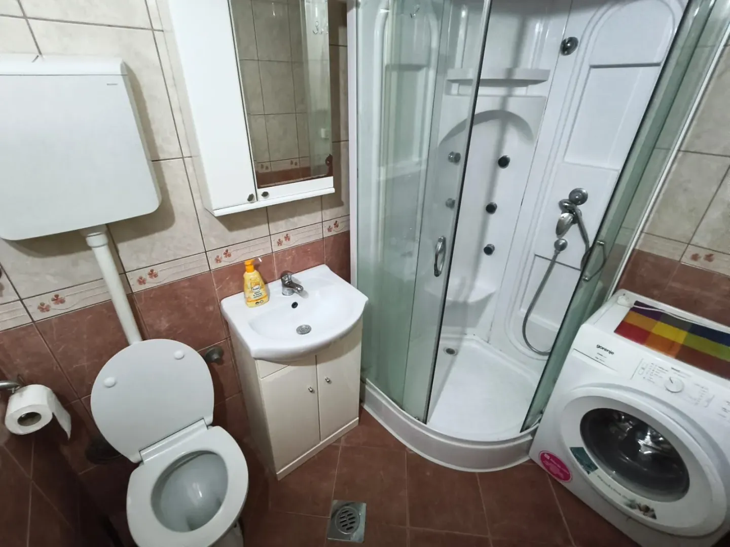 Bathroom equipped with a shower cabin, washbasin, toilet, and washing machine.