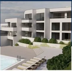 3D render moderne zgrade sa bazenom i ležaljkama ispred.