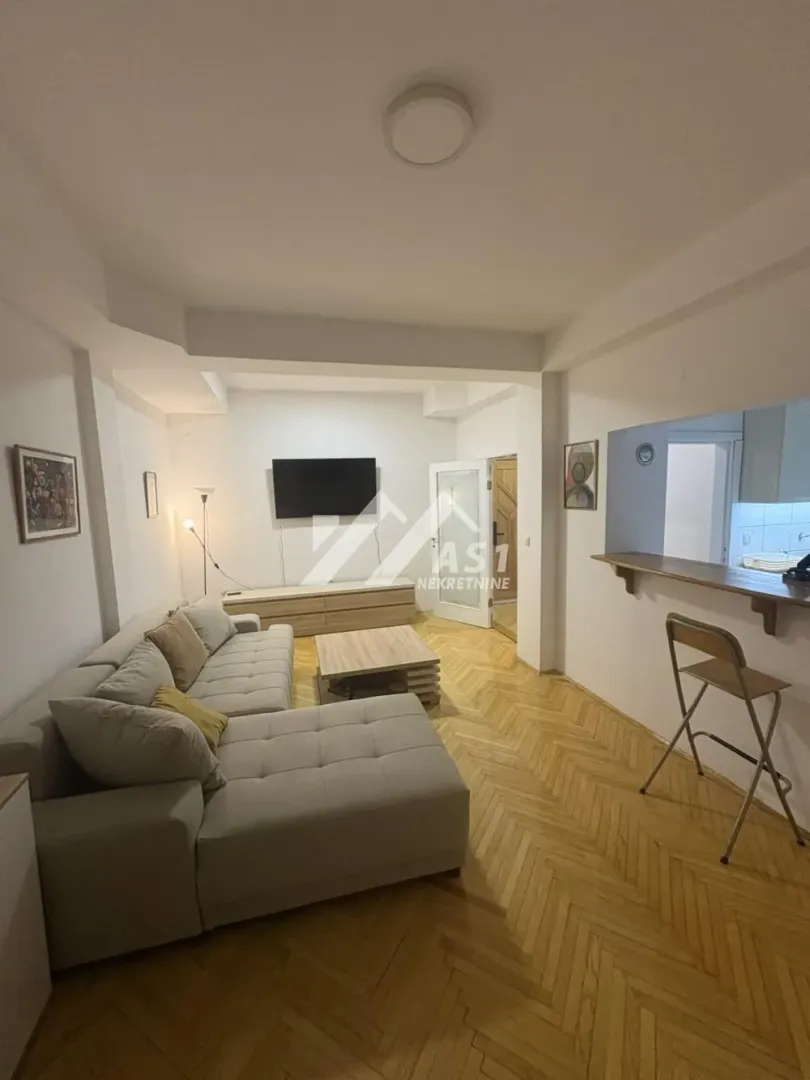 Dnevna soba sa garniturom, TV-om i šankom koji je povezuje sa kuhinjom.