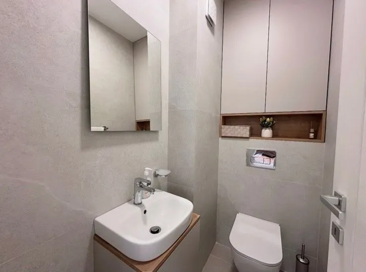 Modern bathroom equipped with a washbasin, toilet, and wall cabinet with a mirror.